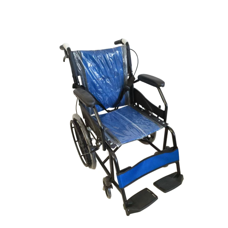 20-inch wheels with guards, blue frame, flip-up pedals, manual wheelchair