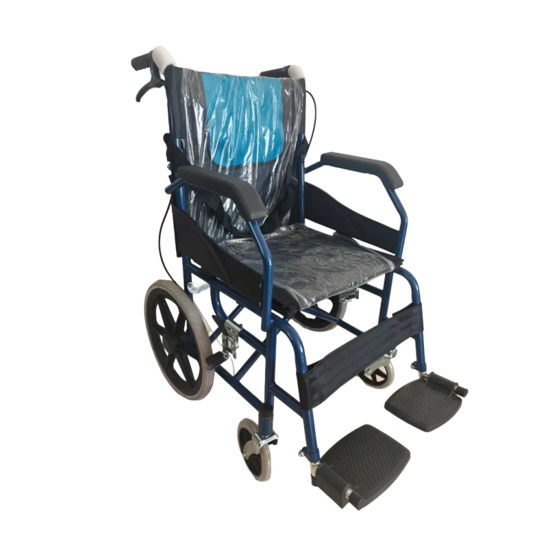 16-inch blue wheel frame with foldable handlebars and integrated wheel guards. Manual wheelchair