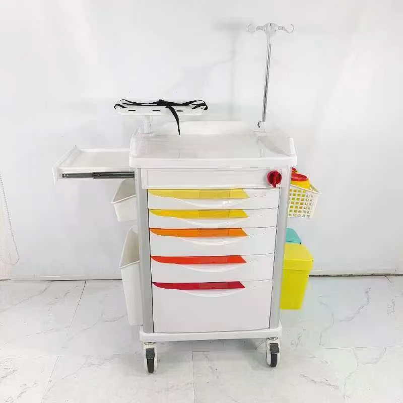 Top Selling Hospital Nursing Crash Cart with 5 Drawers ABS Emergency Medicine Trolley with CPR Board Key lock Factory Price
